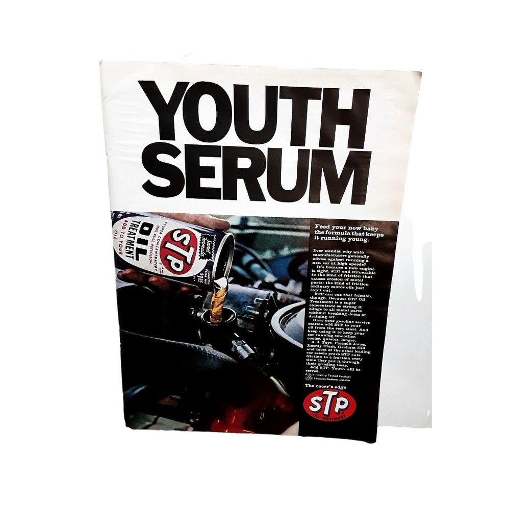 1967 STP Oil Treatment Youth Serum Vintage Print Ad 60s